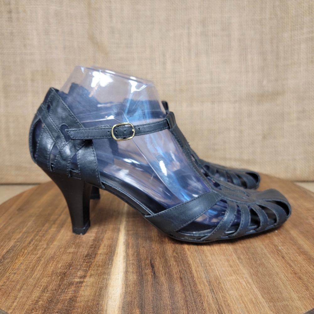 Mariana by Golc Stacie T Strap Heels Black Leather Peep Toe Cage Women's 9